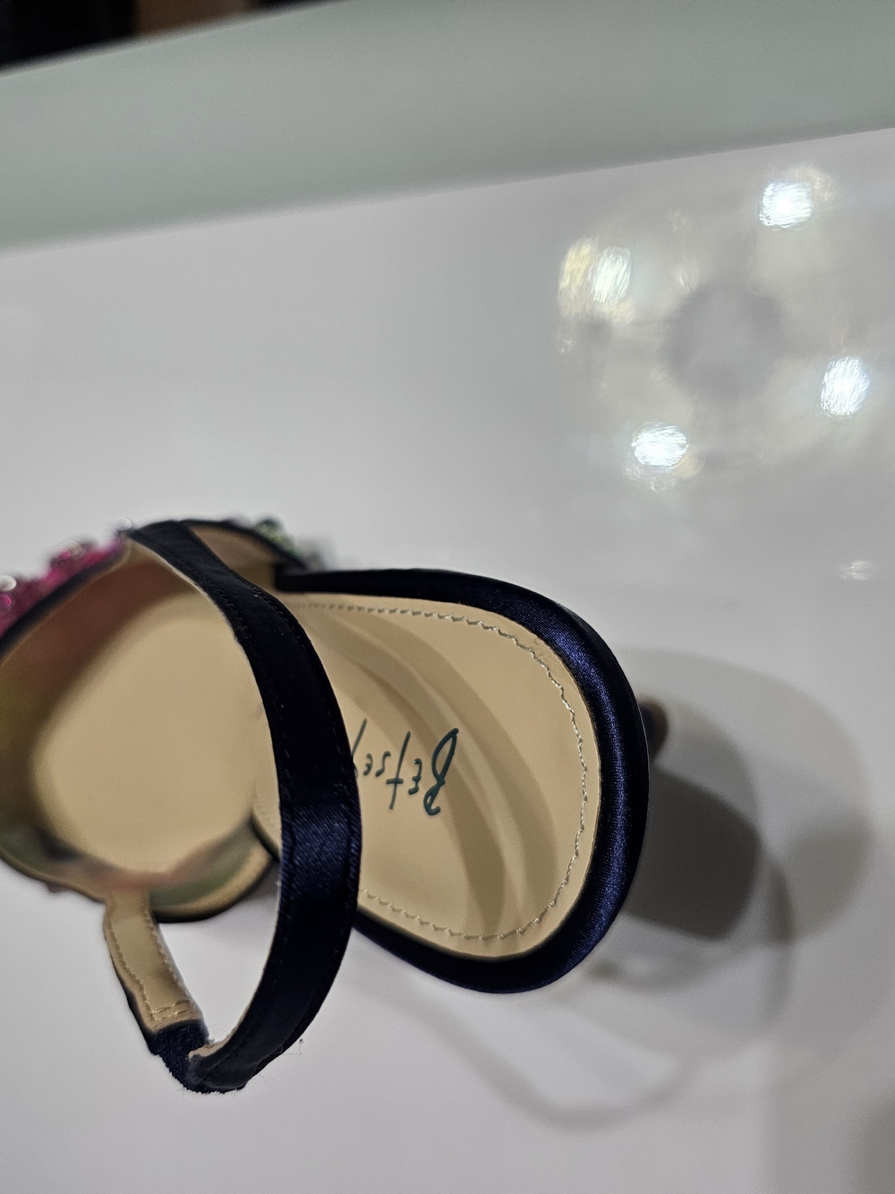 Betsey Johnson Navy Slingback Pump with Multicolor Sequin Floral Embellishments - Picture 3 of 6
